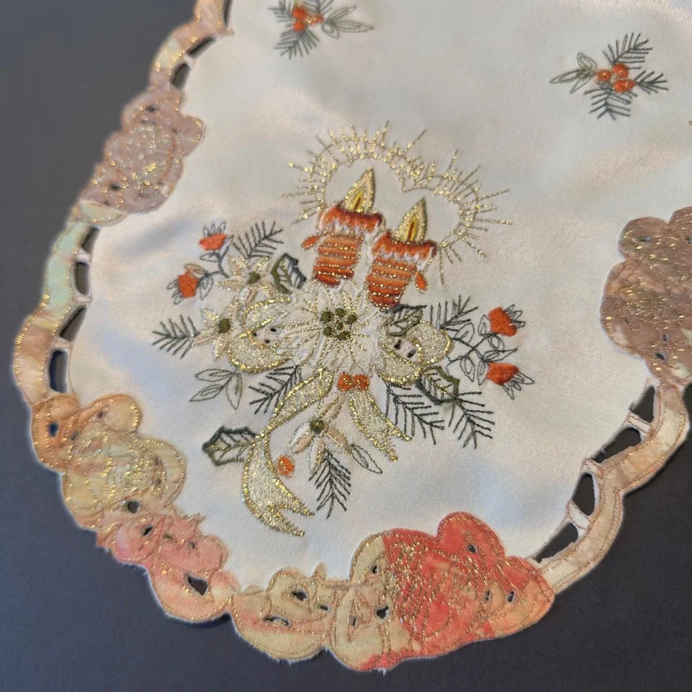 Vintage Christmas Table Runner Embroidered Candles Holly Gold Metallic 19.5x8
